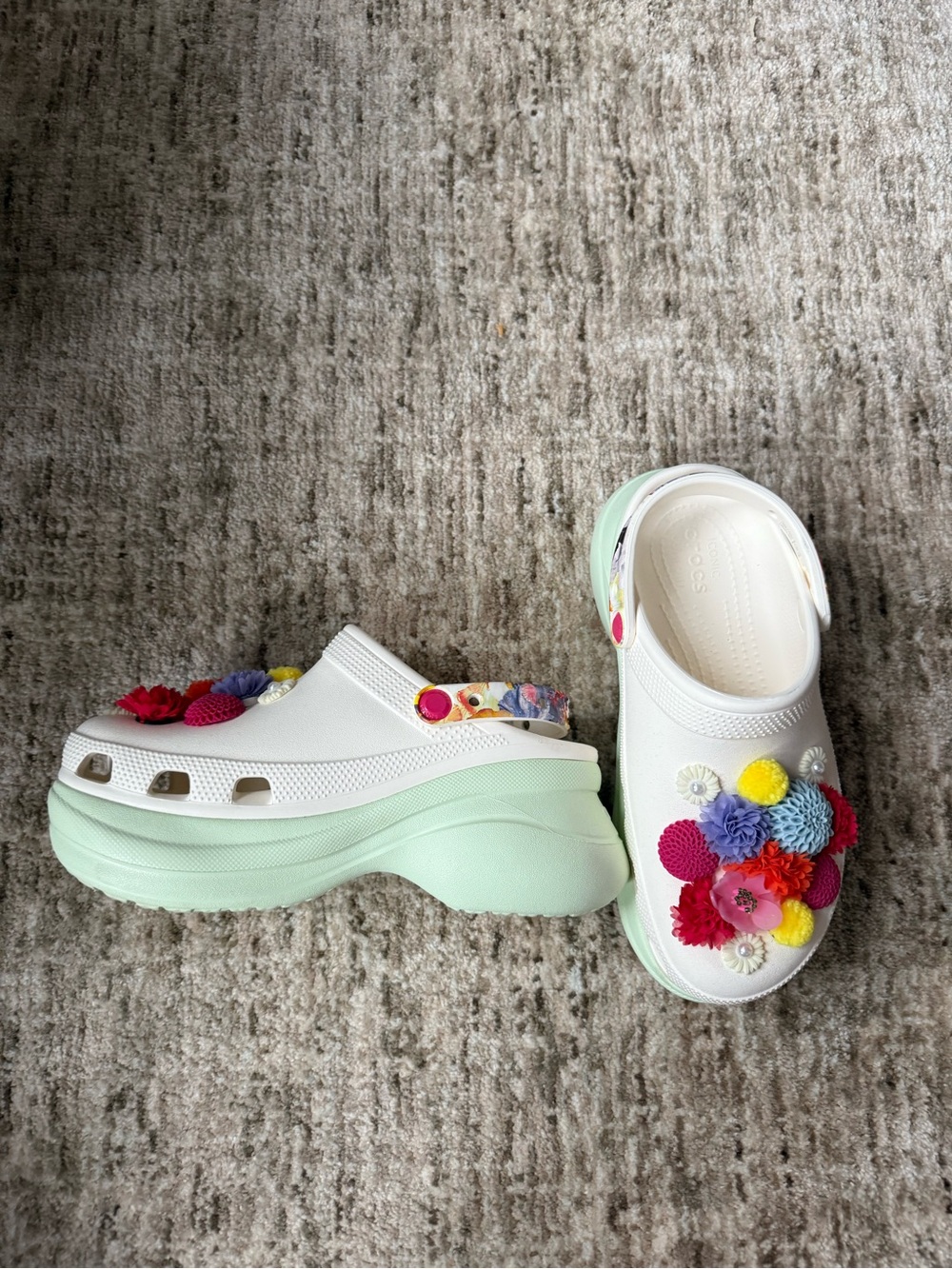 CROCS Women's White Platform Clog with Mint Sole and Multicolor Floral Charms